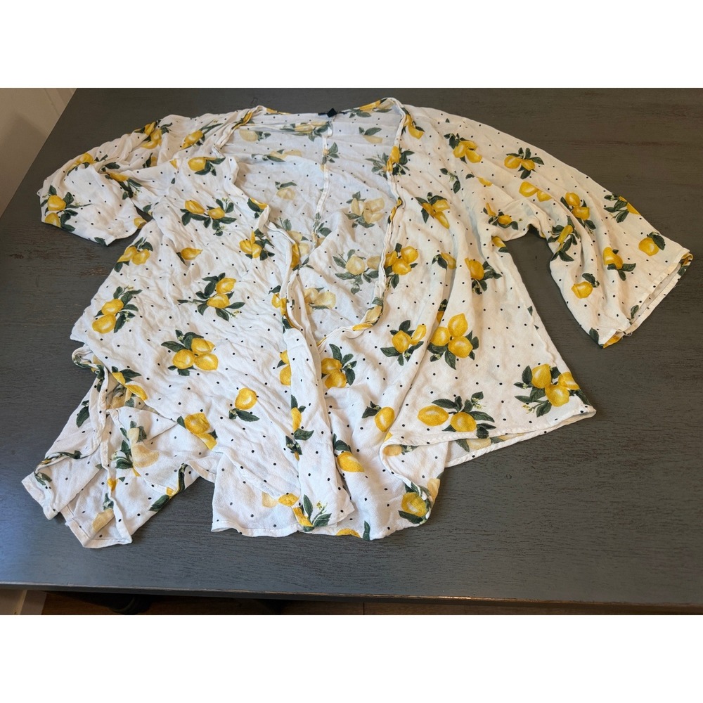 Torrid Lemon Polka Dot Open Front Cardigan Kimono White Yellow Plus Size 3/4